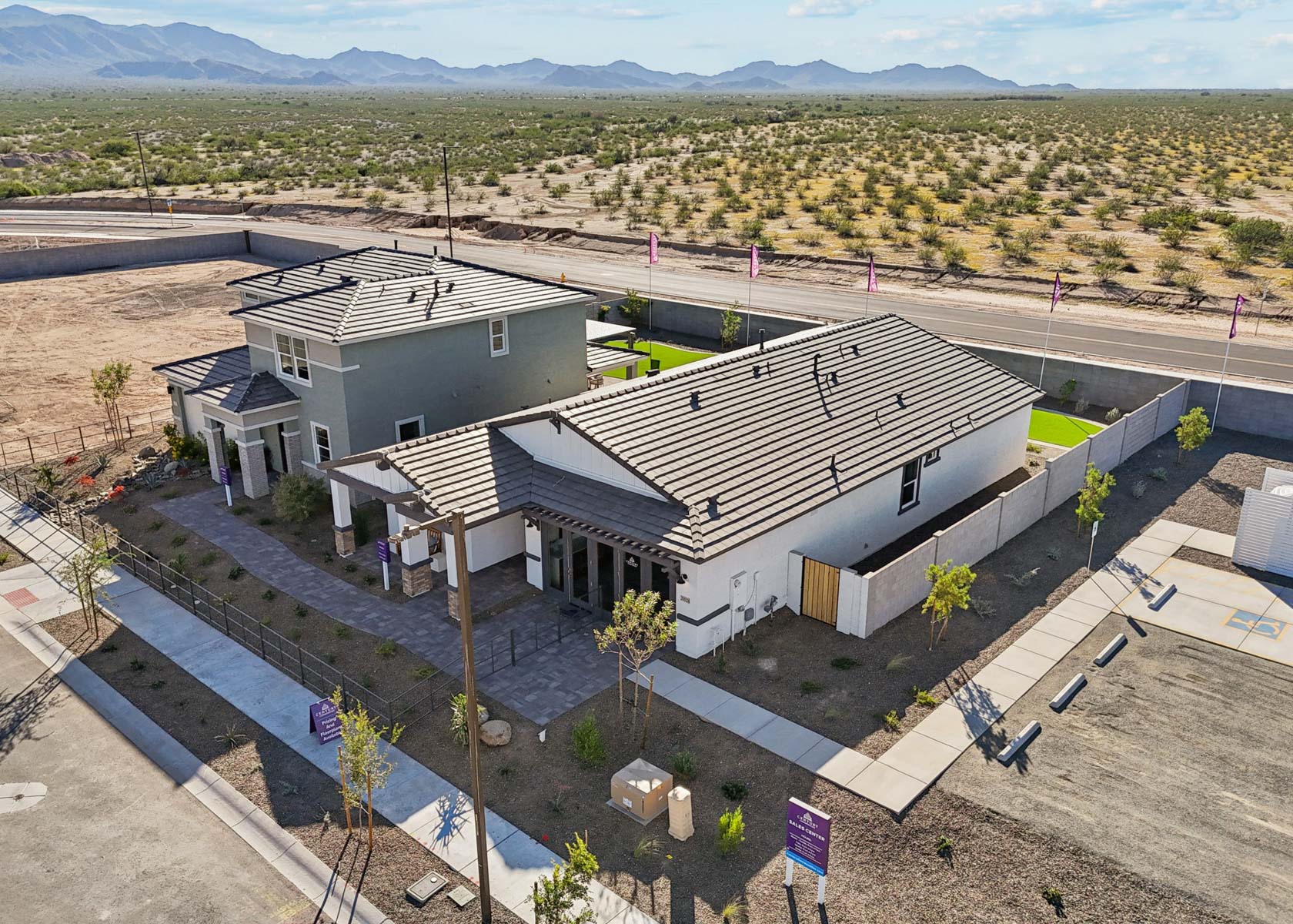 A building with a parking lot.