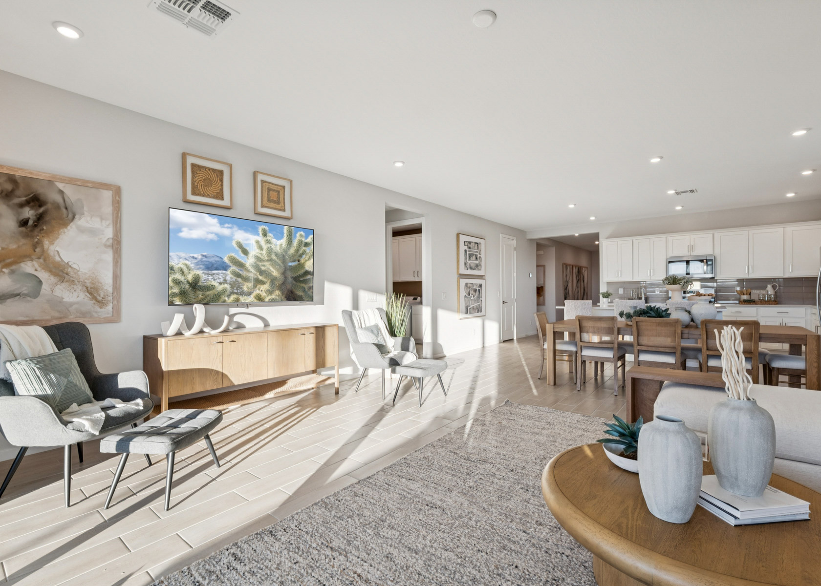 A large room with tables and chairs.