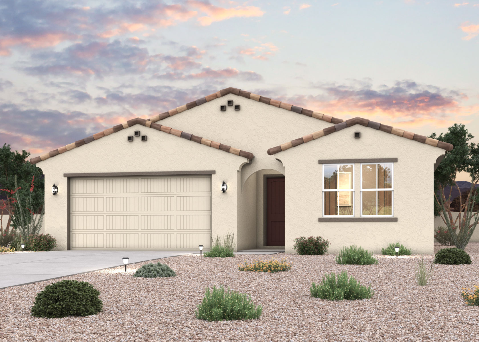 Twilight rendering of front of home with 2 car garage in Surprise, AZ