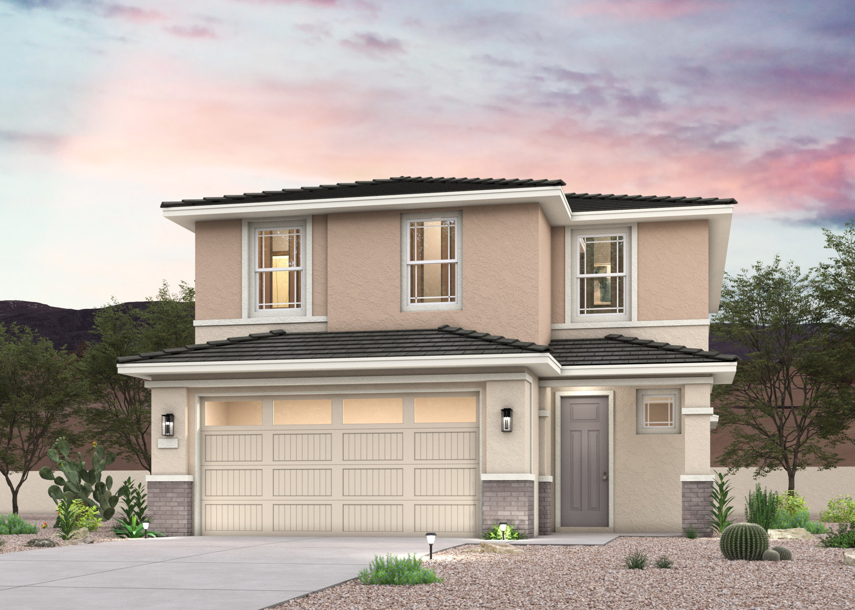 A twilight rendering of a 2-story new home in Buckeye, AZ at Manzanita at Teravalis by Century Communities.