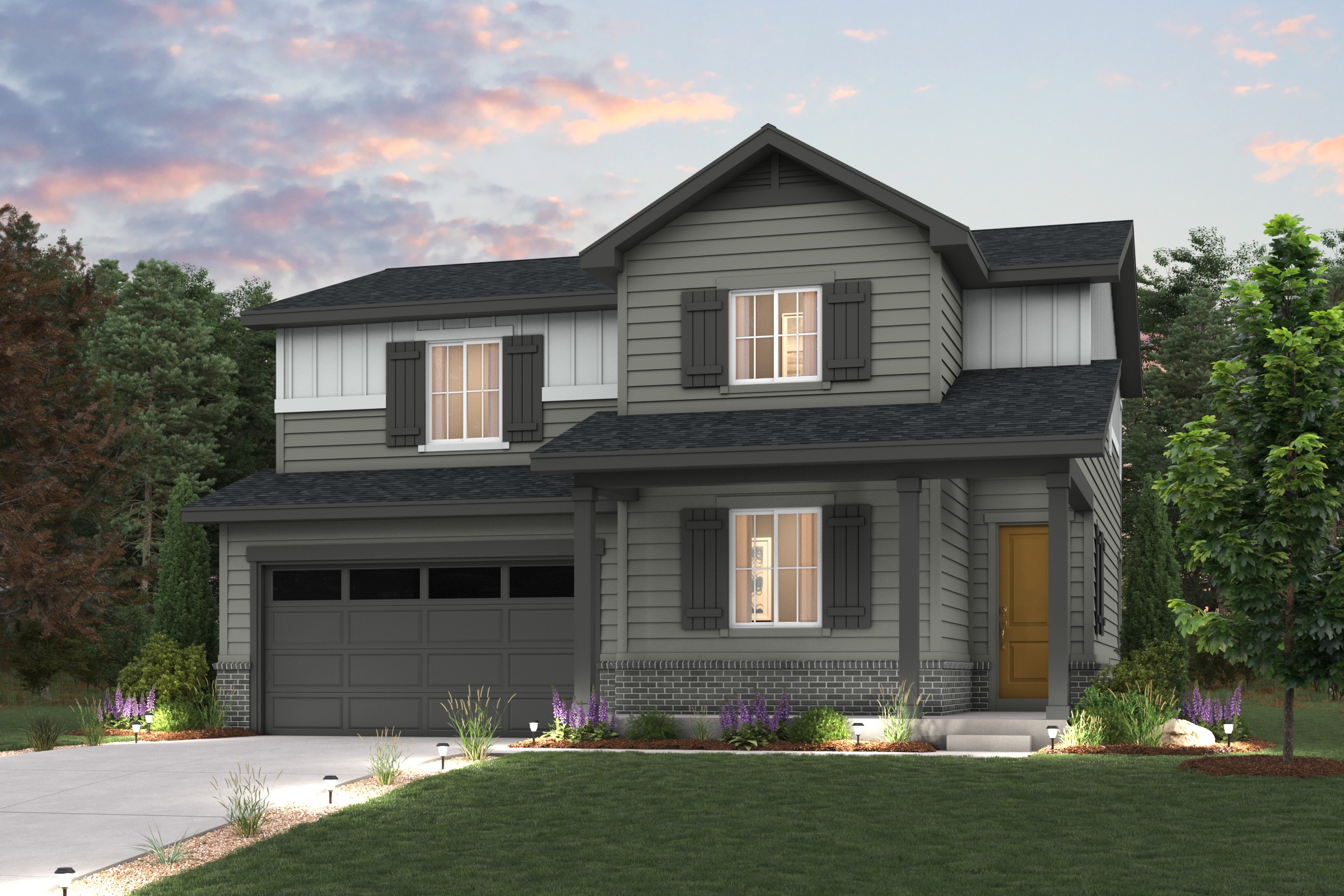 Powell Floorplan Rendering with landscaping and Elevation A exterior Finishes