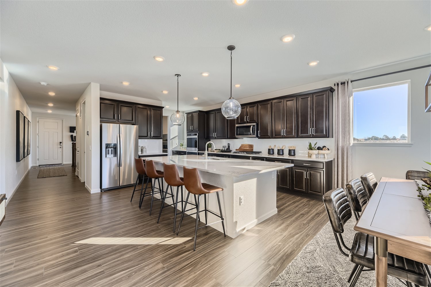 A kitchen with a large island.
