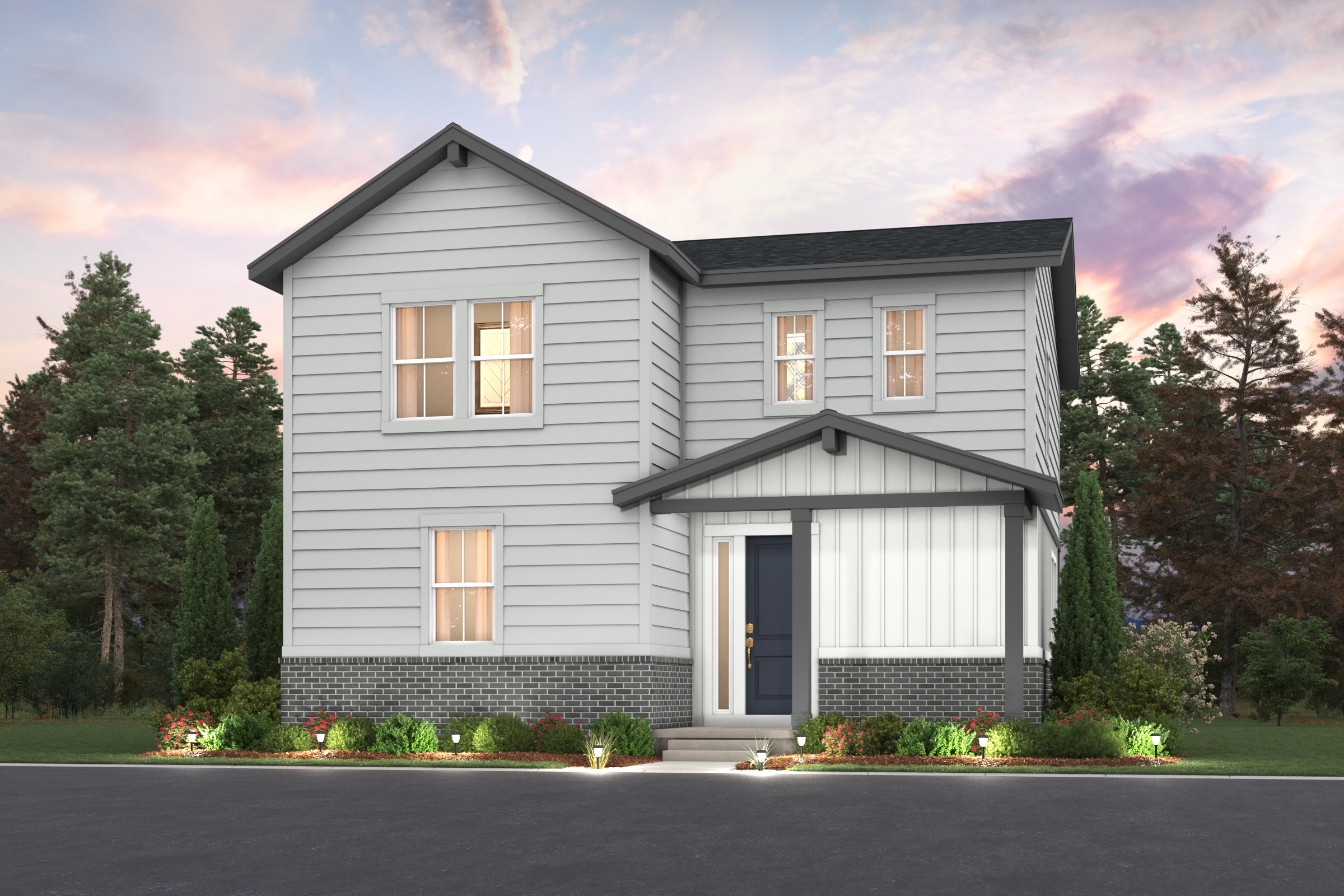 A house with trees around it. Ashton Floorplan home rendering with landscaping Elevation A 