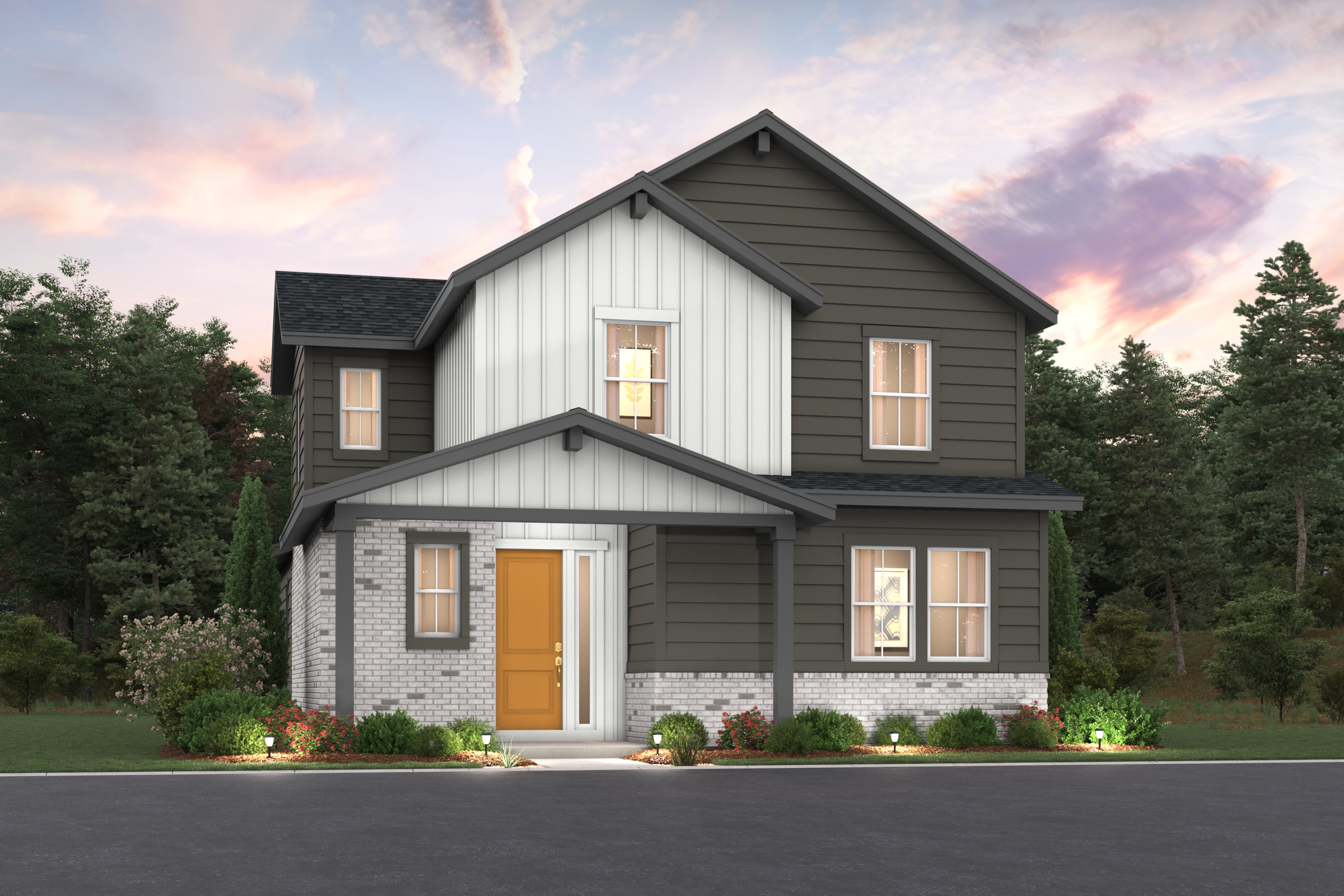 A house with trees in the back.