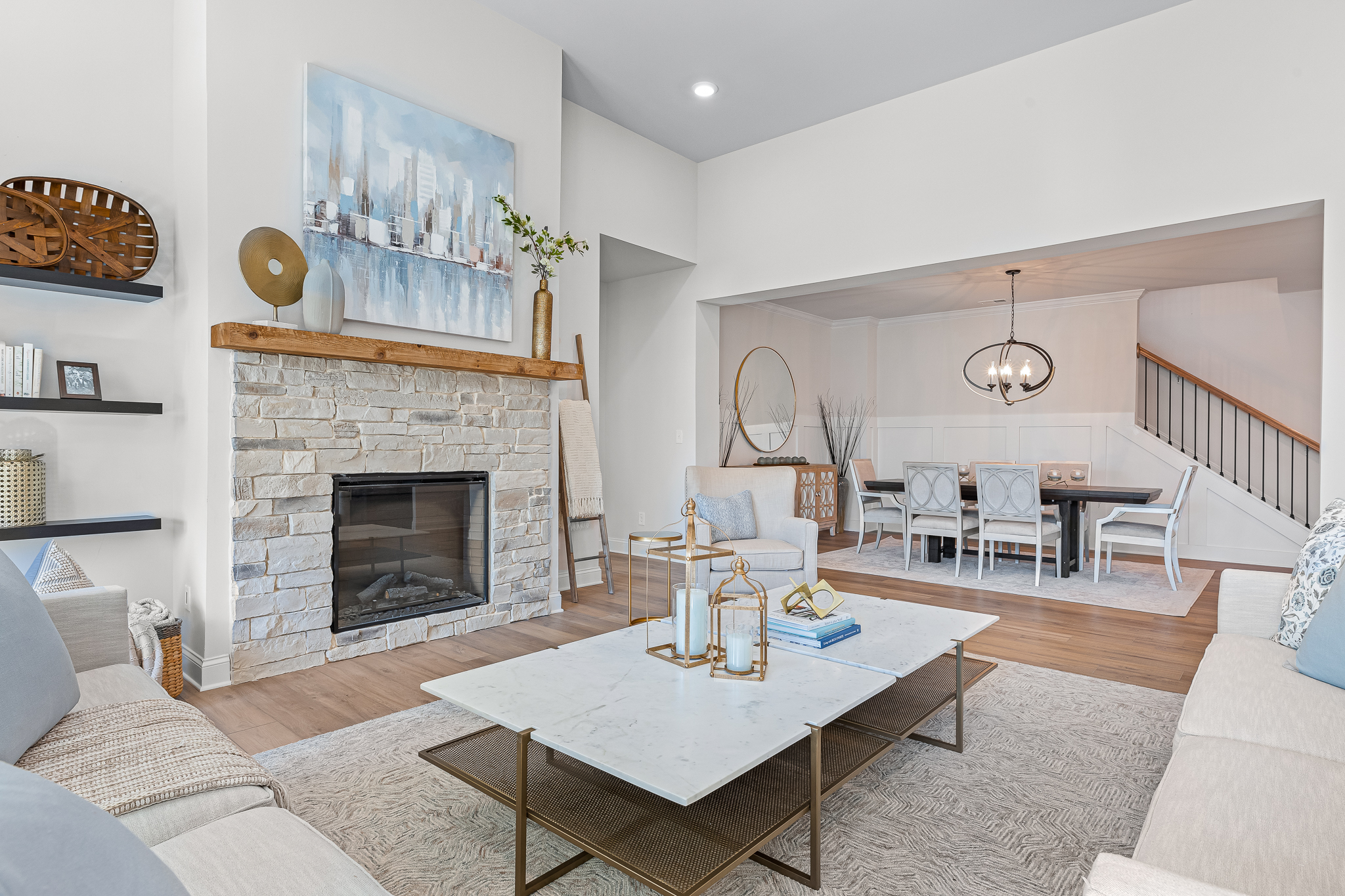 A living room with a fireplace.
