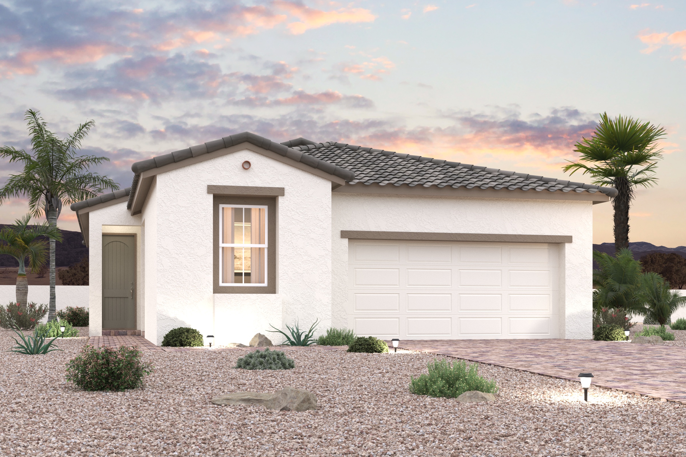 A house with a driveway and trees.