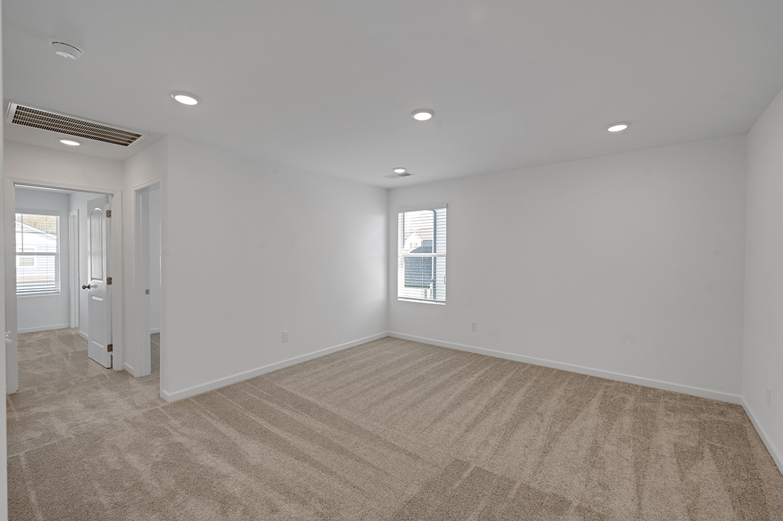 A room with a carpet and windows.