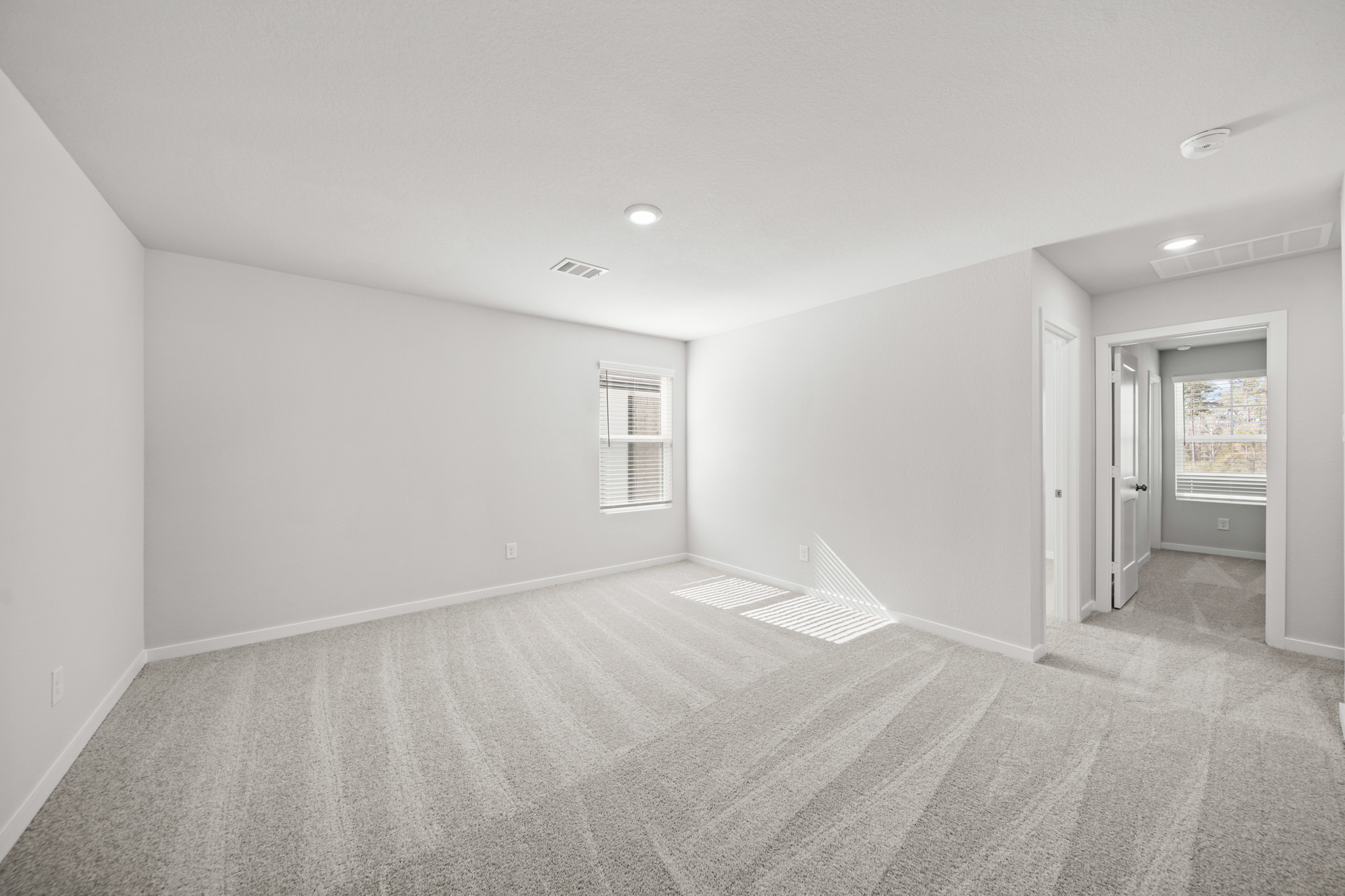 A room with a carpet and a door.