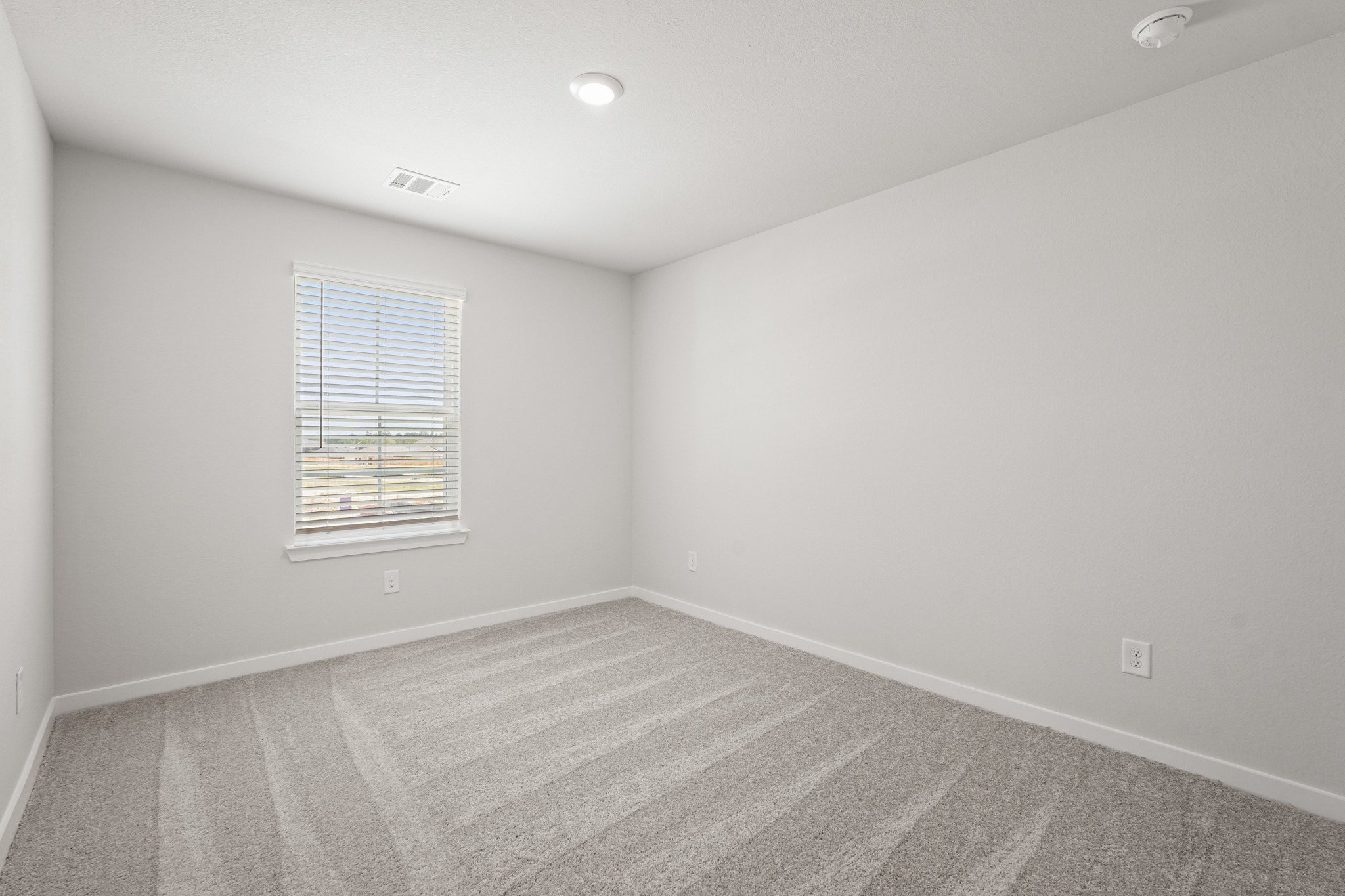A room with a window and a rug.