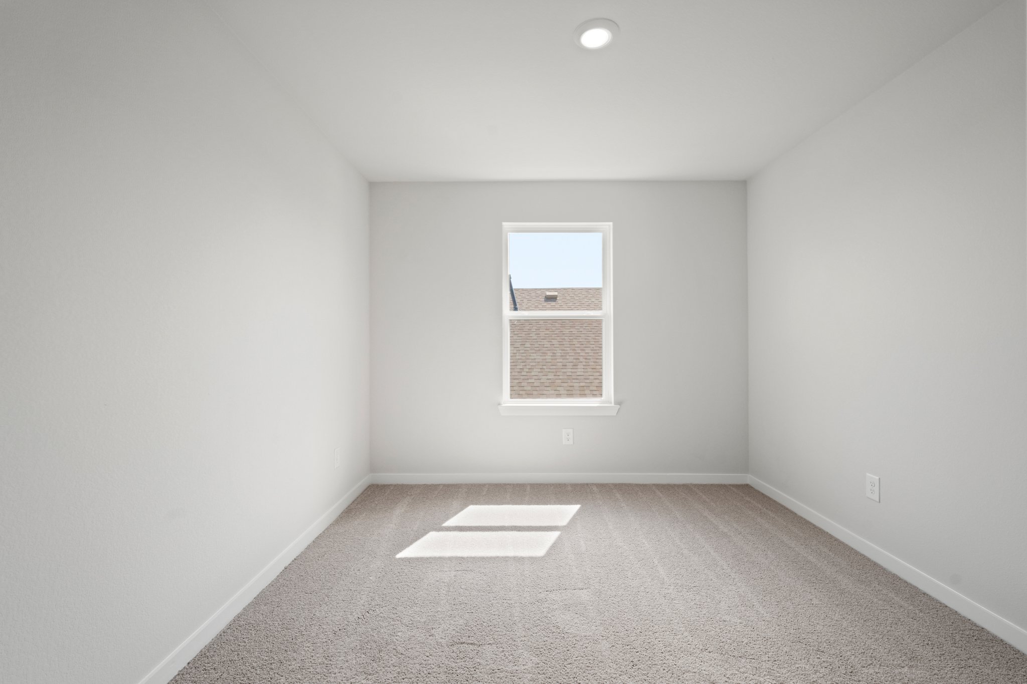 A room with a window and a rug.