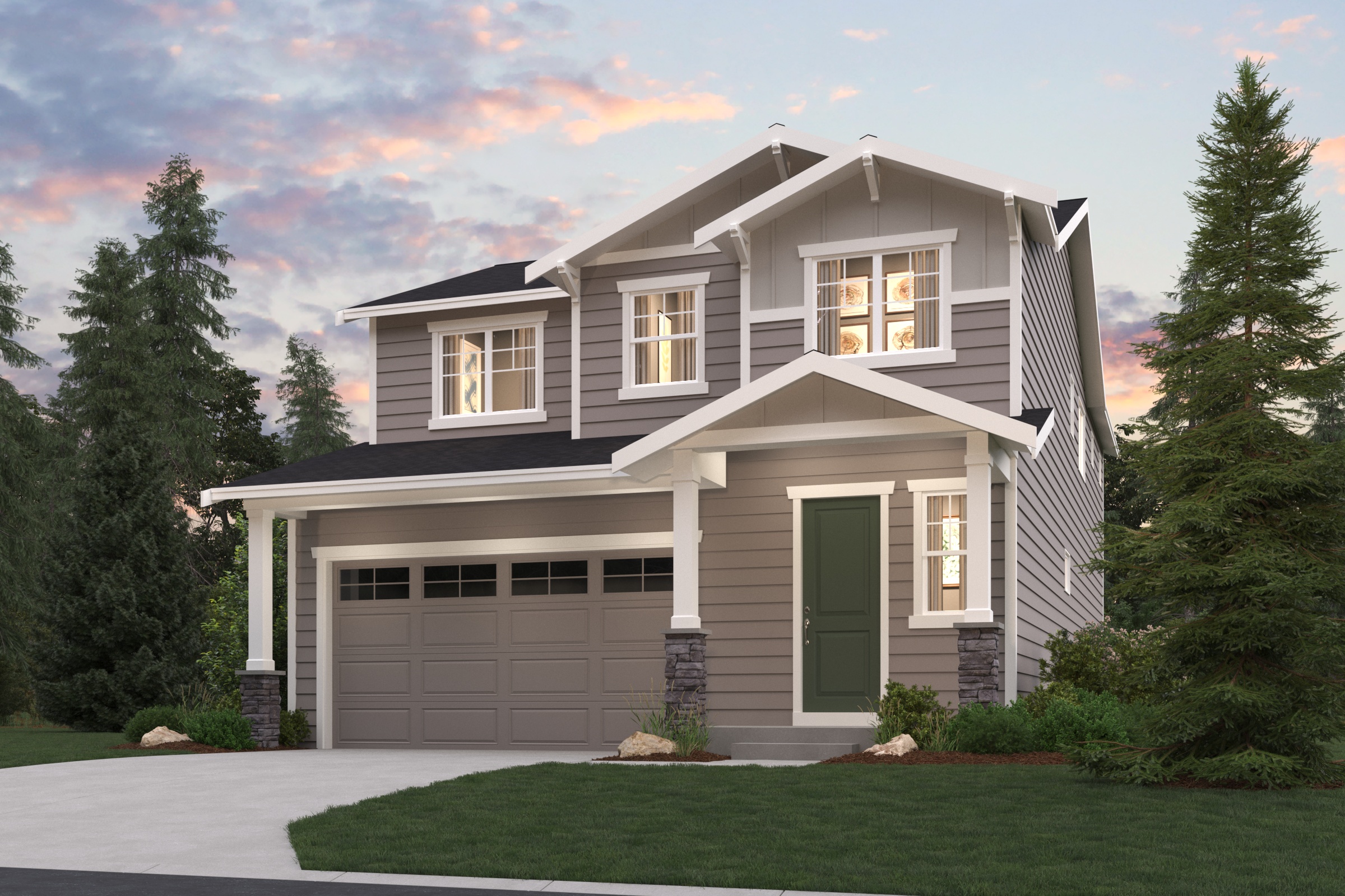 A house with a garage and trees around it.